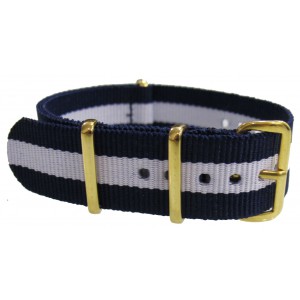 Bracelet nylon NATO Bleu/blanc boucle dorée